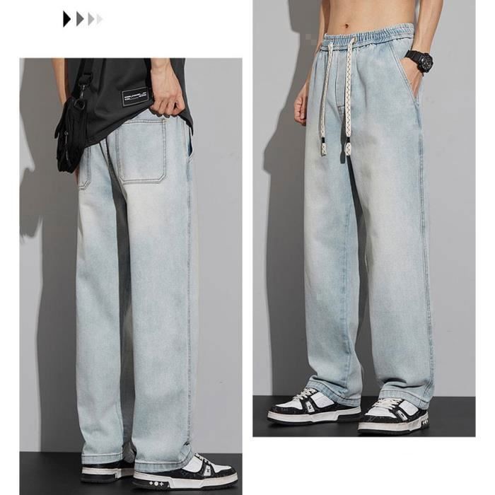 Pantalon Jean Homme Taille Haute élastique - Coupe Ample Décontractée, Entrejambe Profonde, Style Cargo
