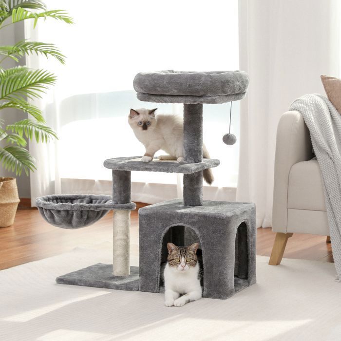 Arbre à Chat 86cm - Coussin Amovible, Griffoir Poteau & Pompon Suspendu (Gris, Taille Moyenne)