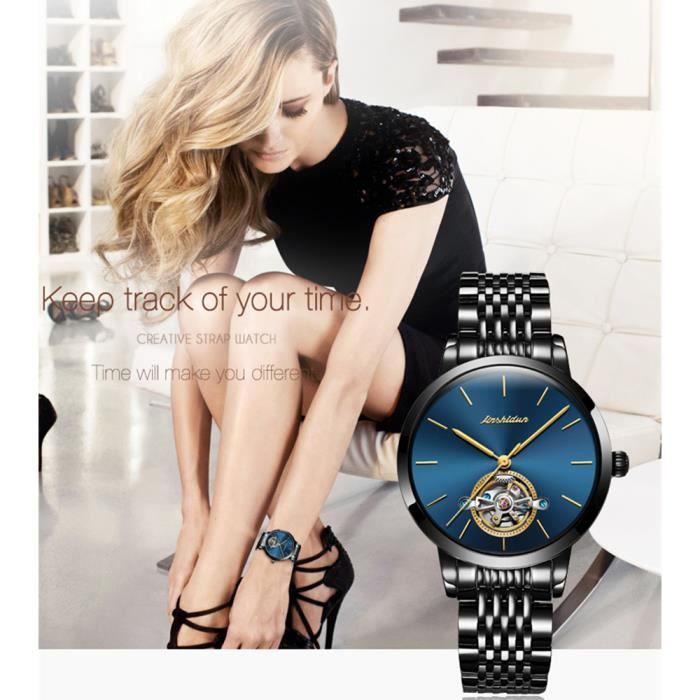 Montre femme acier automatique bleue waterproof 100m - Aurore Automatique  Bleu