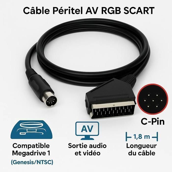 Câble Vidéo RGB Péritel Pour Sega Mega Drive II (MD2) - Neuf, Qualité Correcte