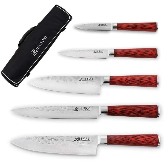 Coffret 3 Couteaux De Cuisine - Santoku 17cm, Universel 12cm, Office 9cm - Lame Acier X50CrMoV15 - Manche Pakkawood