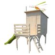 Maisonnette en bois verni sur pilotis avec toit plat et toboggan pour enfants –-3