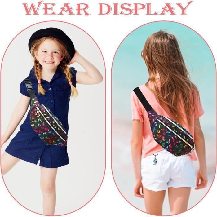 Sac Banane Paillettes Papillon - Pour Fille, Femme - Réglable - 3 Compartiments - Idéal Festival