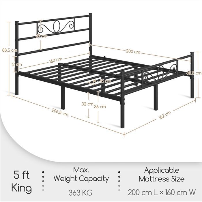 Yaheetech Cadre De Lit Métal Noir Double 160x200cm - Lit Platforme Avec Tête De Lit Haute Et Rangement