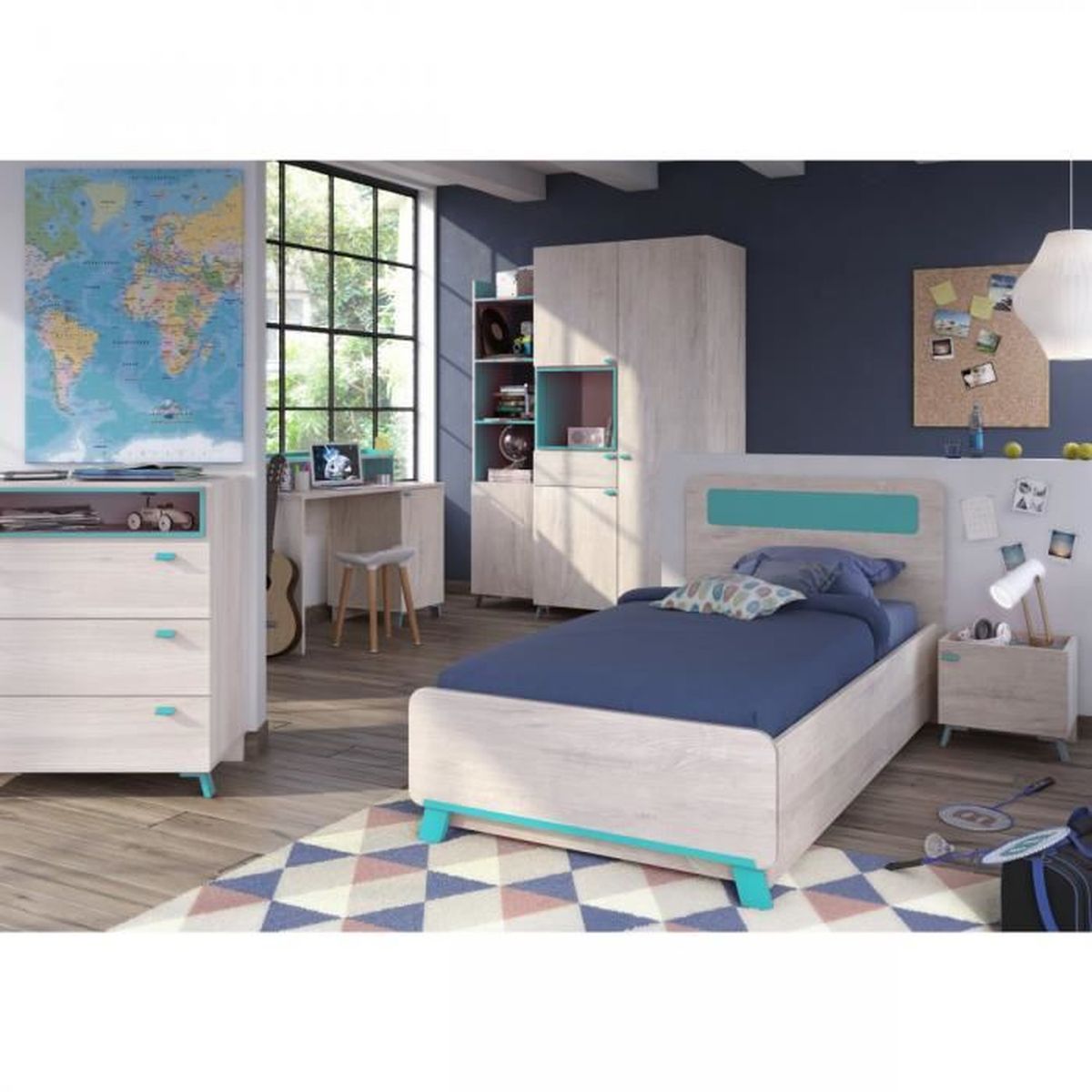 Chambre Enfant Imitation Bois Clair Et Bleu 90x190 Cb4007 Terre