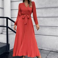 robe femme chic et elegant Robe longue décontractée à manches longues et col en V pour femmes Rouge