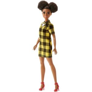 POUPÉE Barbie Fashionistas poupée mannequin #80 avec chignons noirs et robe chemise à carreaux jaunes, jouet pour enfant, FJF45