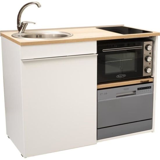 TRIO120BG-SV-S - Kitchenette 120 cm avec domino de cuisson vitrocéramique, four, lave-vaisselle silver , évier gauche