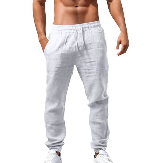Aisprts Pantalon Lin Homme - Pantalon Large Été Avec Ceinture Élastique - Coton Léger Et Confortable