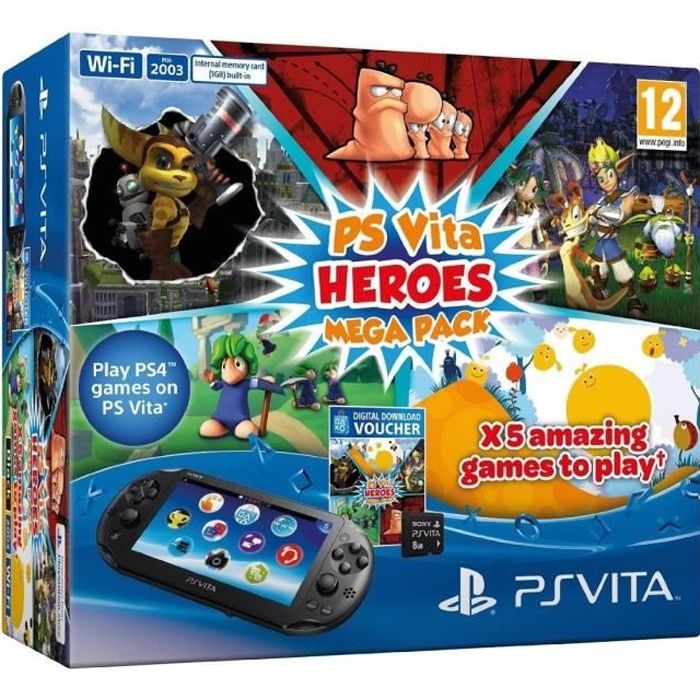 Console portable - Sony - PS Vita - Noir - Standard - Pack - Coupon Heroes Mega Pack - Carte 8 Go