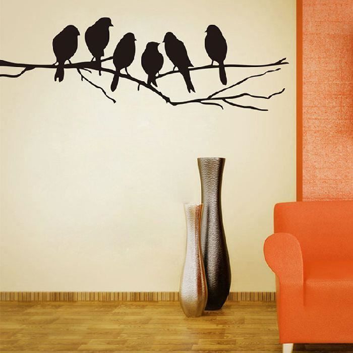 Sticker adhésif d'intérieur oiseaux noirs perchés sur branche (26 x 85 cm) S