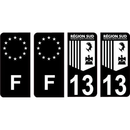 13 Bouche du Rhône Fond Noir autocollant plaque immatriculation auto sticker Lot de 4 Stickers - Angles : arrondis
