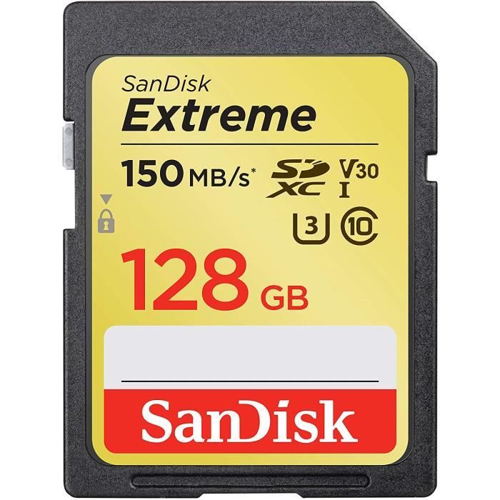 Carte mémoire SDXC SanDisk Extreme 128 Go jusqu'à 150 Mo-s, Classe 10, U3, V30
