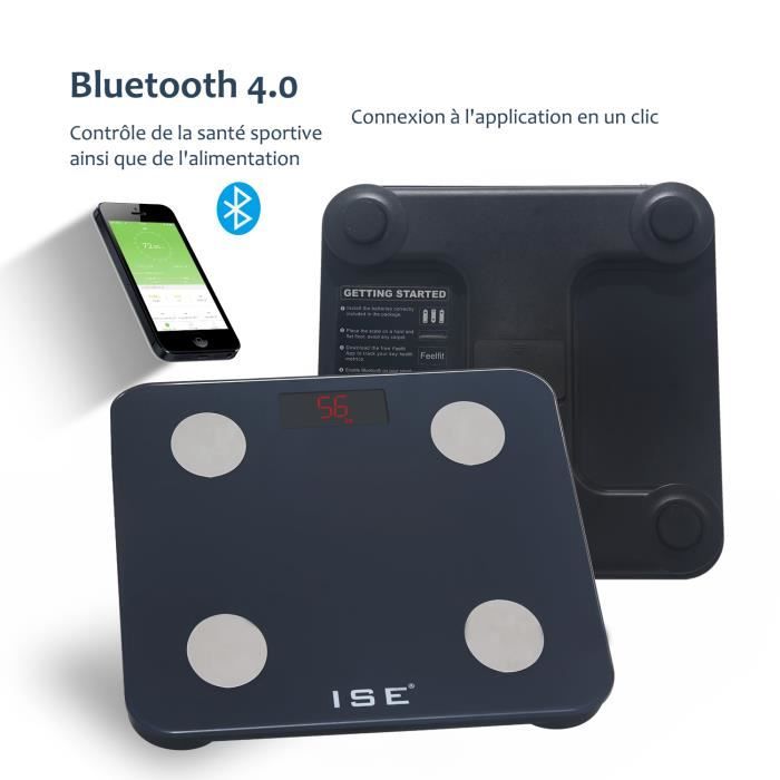 ISE Pèse Personne Impédancemètre IOS Android Bluetooth 180kg avec App Connexion pour mesure du Poids, Graisse, Masse Musculaire