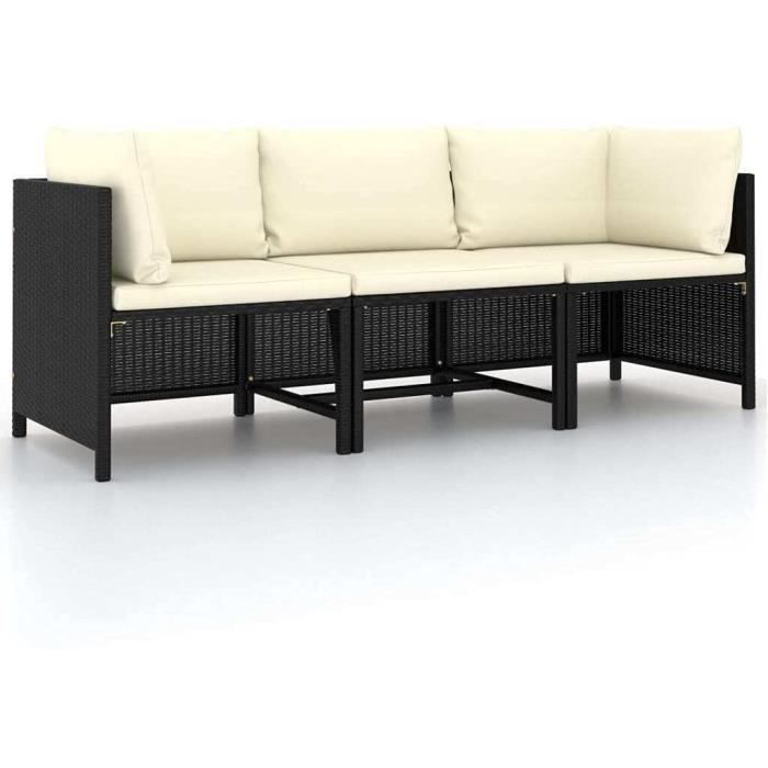 vidaXL Canapé de Jardin à 3 Places avec Coussins Sofa de Terrasse Canapé d'Extérieur Sofa de Jardin Meuble de Terrasse Noir Rési197