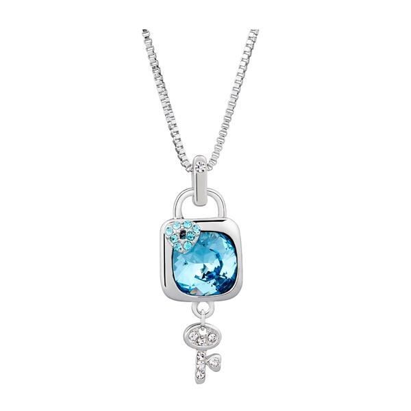 Pendentif Cadenas et clé en Cristal Swarovski Elements Bleu et Plaqué Rhodium