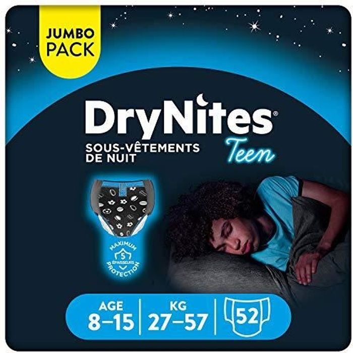 DryNites, Sous-vêtements de nuit absorbants jetables, Pour garçons, Taille : 8-15 ans (27-57 kg), 52 culottes (4 x 1 1217599_
