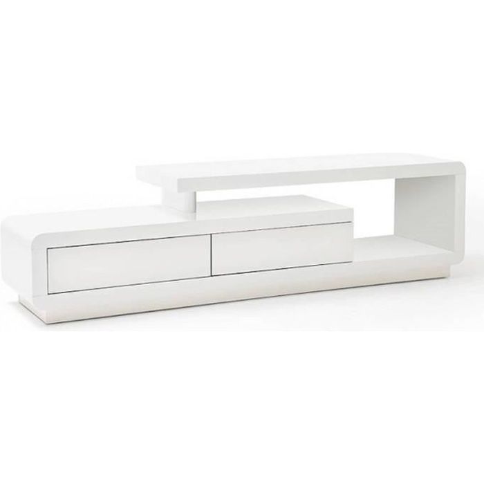 Meuble TV design CORTO 2 tiroirs finition laquée blanc brillant blanc Bois Inside75