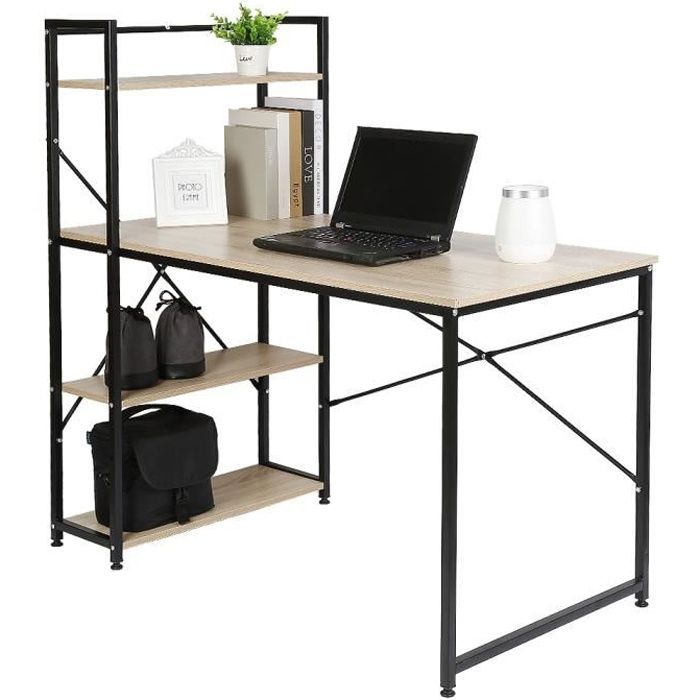 JEOBEST® Design Table de bureau en bois et acier, Noir et chêne clair, 120 x 64 x 120 cm