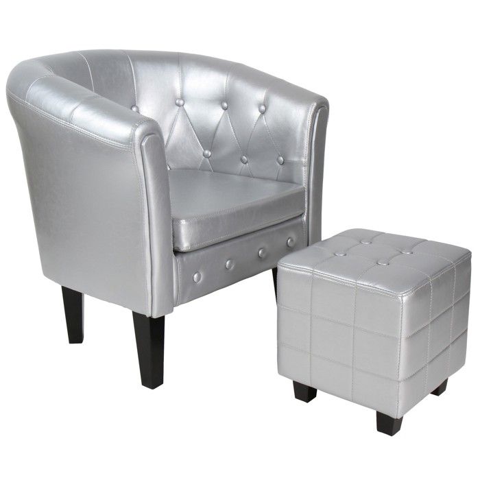MIADOMODO® Fauteuil Chesterfield avec Repose-Pied - Simili Cuir, Argenté - Chaise, Cabriolet, Tabouret Pouf, Meuble de Salon
