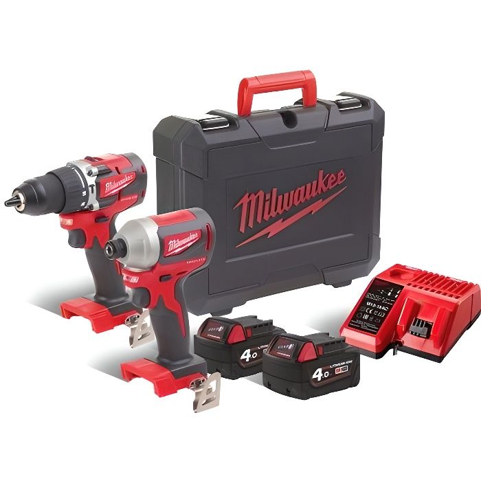 Milwaukee - Pack 2 outils COMPACT BRUSHLESS perceuse à percussion + visseuse à chocs 18 V Li-Ion 4.0 Ah - M18 CBLPP2A-402C