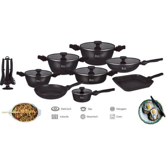 Set Lot Batterie de cuisine 33 pièces - Fonte d'aluminium - Revêtement façon pierre - induction - Poignée amovible - Sans PFOA