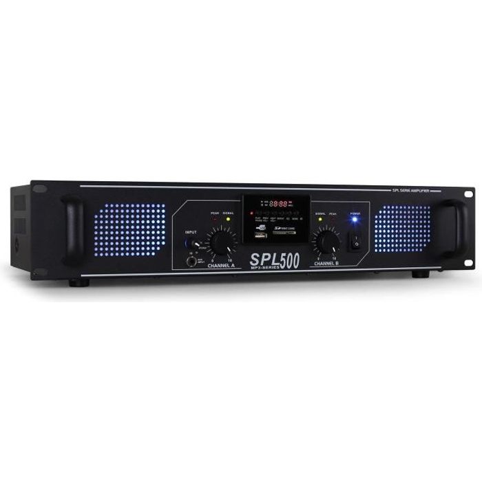 SkyTec SPL500MP3 - Amplificateur professionnel, 2X 250 Watts, SD/MP3/USB - Noir