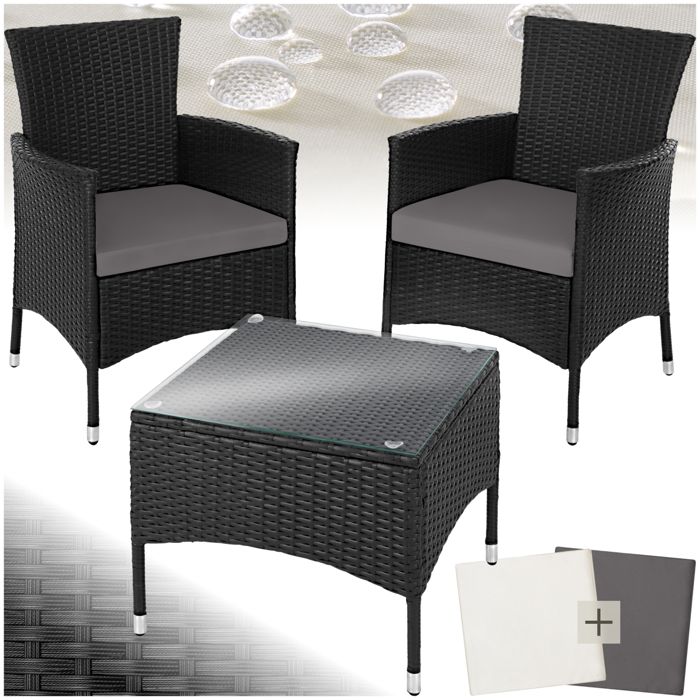 TECTAKE Salon de jardin LUCERNE - 2 Chaises Fauteuils et 1 Table en Résine Tressée Noir