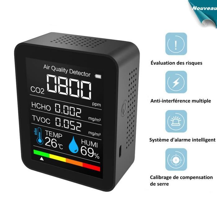 Testeur de Qualité de l'air, Moniteur de Qualité de l'air CO2/HCHO/TVOC/Température/Humidité, Plage de Mesure 400-5000PPM - Noir
