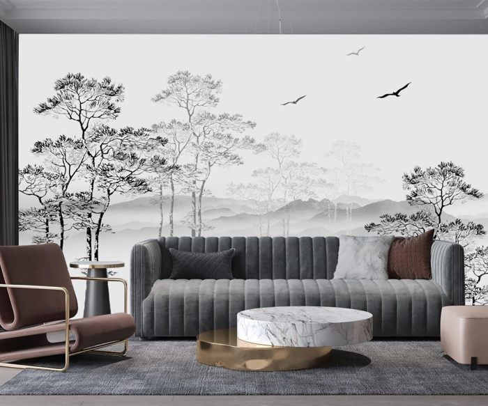 Papier Peint Panoramique 3D Soie Noir et Blanc Nature Foret,Murales ...