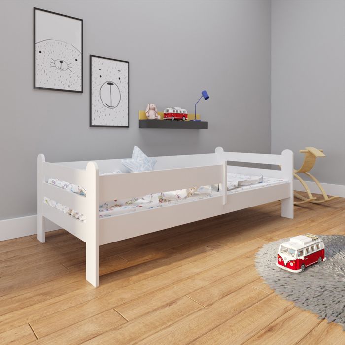 Lit Enfant Kobi LUK 180x80 Cm - Blanc Avec Tiroir, Barrière Et Matelas