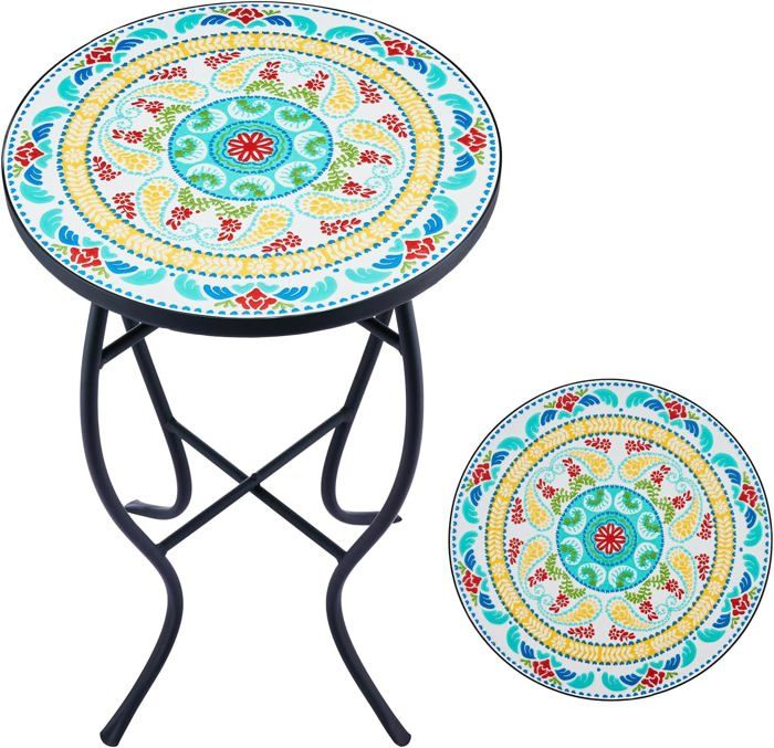Table D'appoint En Céramique Mosaïque 35,5x55 Cm - Plateau Coloré, étagère Basse, Cadre Acier Noir Pour Intérieur/extérieur