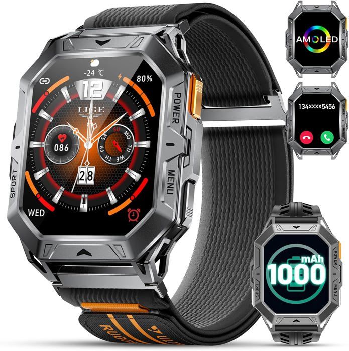 Montre Connectée Homme Militaire Boussole/Baromètre/1000Mah Batterie 2.13 Amoled Smartwatch Homme Avec Appel Bluetooth 24/7 Fré