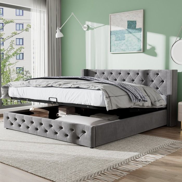 Lit coffre double 140 x 190 cm avec fonction hydraulique et tête de lit rembourrée Design moderne - gris
