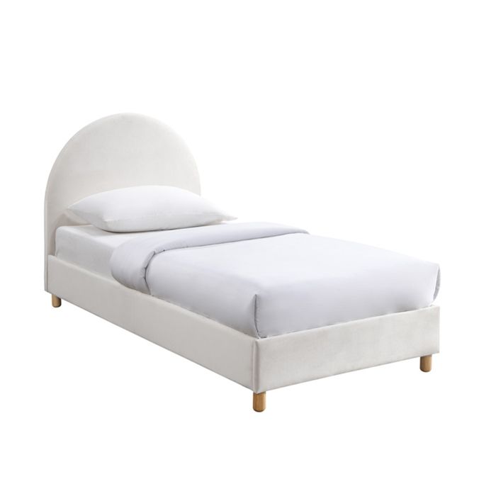 LYS - Lit simple en velours blanc écru pieds en bois 90x190 cm LYS - Lit simple en velours blanc écru pieds en bois 90x190 cm