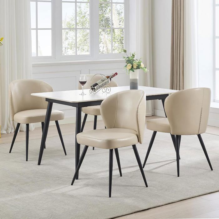 4 4PCS Chaise salle a manger- AFFI - Chaises de cuisine modernes en PU Beige à dossier incurvé avec pieds en acier