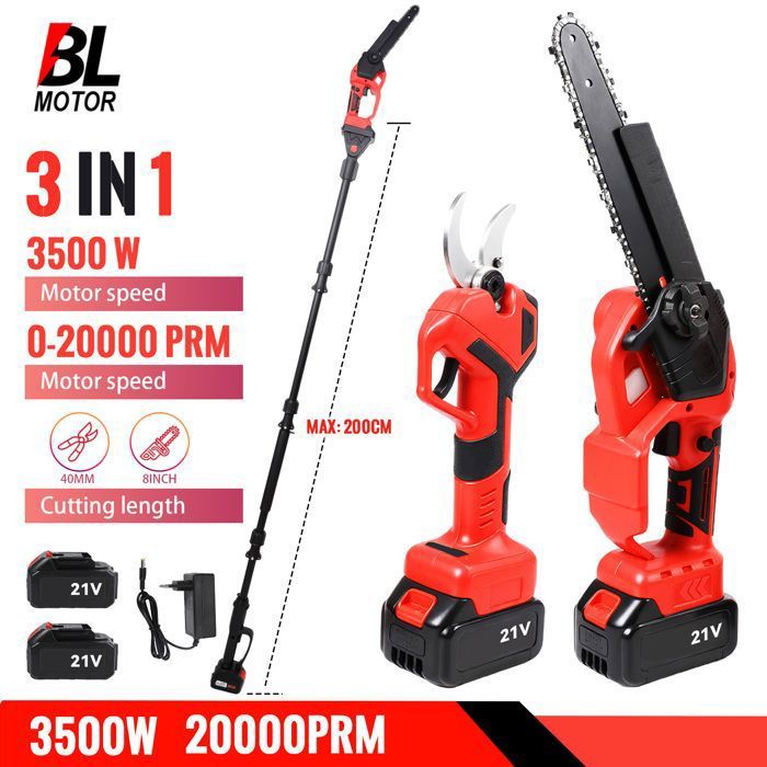 Élagueuse sur Perche Sans Fil 40 mm 4 en 1 Télescopique Élagueur 200cm Tronconneuse Électrique 8 Pouces pour Jardin Branches Bois