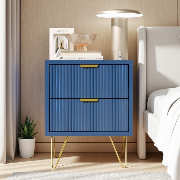 Table de Chevet avec 2 tiroirs Meuble Rangement Chambre avec Poignées Et Pieds Dorés Table dappoint pour Salon Bleu foncé