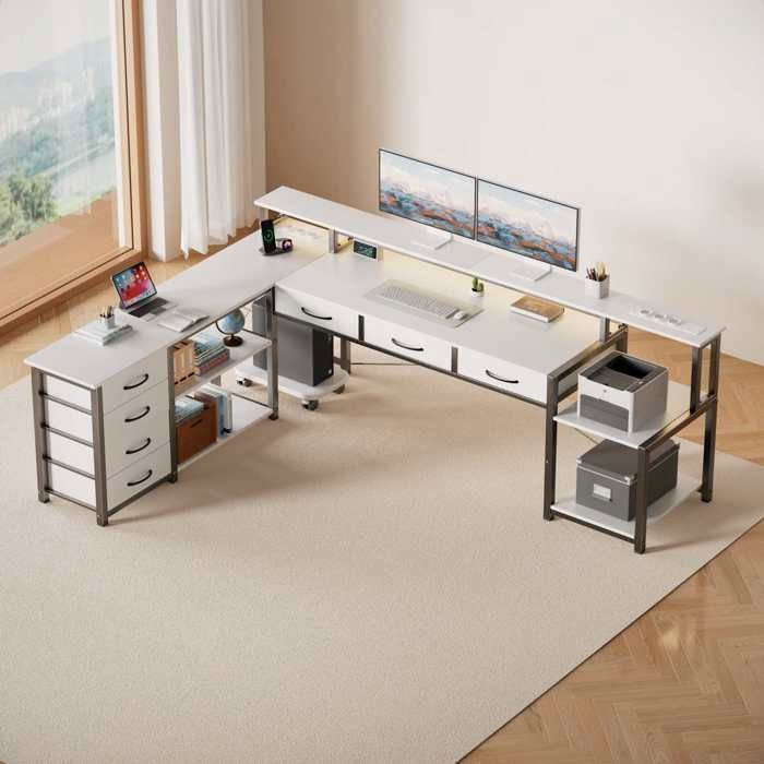 Bureau en L avec bande lumineuse LED tiroirs et étagères de rangement ports de recharge blanc