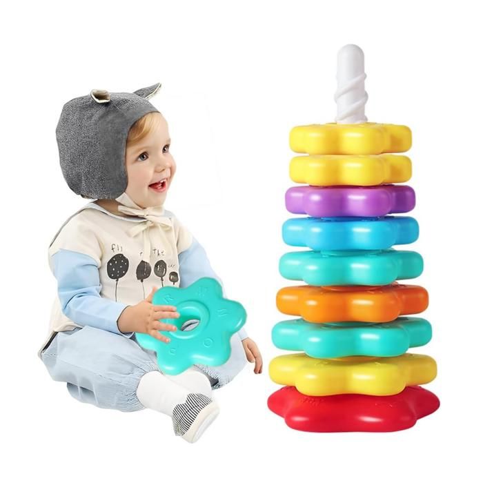 Tour Empilable Bébé Jeux à Empiler Baby Toy Jouet pour Enfants Cerceaux Empilables Rainbow Spinning Jeux Éducatifs pour Bébé