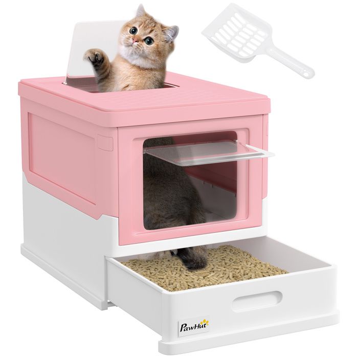 Meilleurs prix pour Bac à litière pour chat - PawHut - pliable - double porte battante pelle tiroir à litière - nettoyage facile - rose blanc