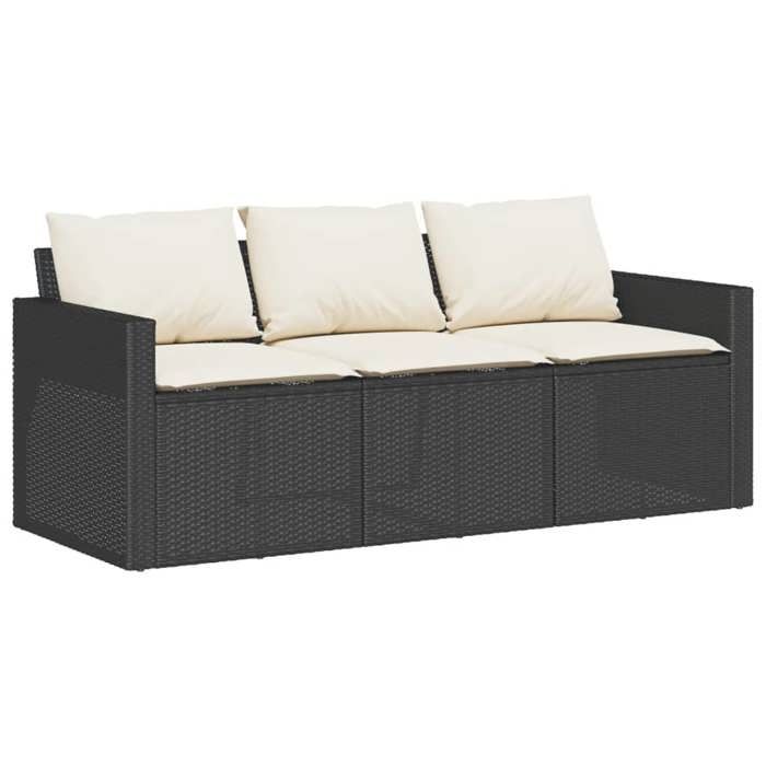 Canapé de jardin 3 places - JILL - Résine tressée - 177x70x68 cm - Noir - Coussins blanc crème