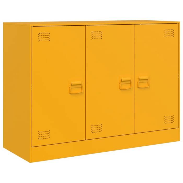 Buffet en acier - GKO - Jaune moutarde - 99x39x73 cm - 6 compartiments - 3 portes - 3 poignées en métal - Capacité 90 kg