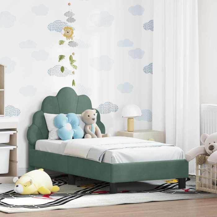 Lit pour tout-petit avec tête de lit - UU - Vert mer - Velours - 148x80x79 cm - Poids maximal 140 kg - Cadre à lattes