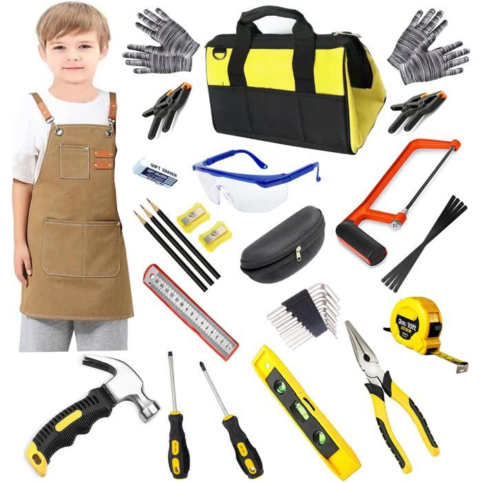 Ensemble d'établi d'outils pour enfants avec outils réalistes et perceuse électrique, 79 pièces d'outils de jeu réalistes avec vêtements, établi d'apprentissage pour tout-petits, cadeau pour garçons