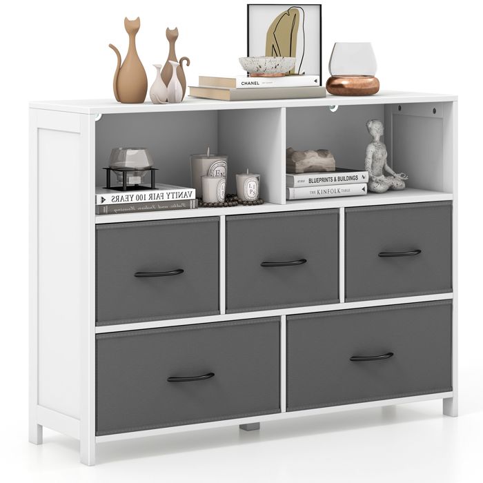 GIANTEX Commode à 5 Tiroirs Pliables Éétagères Ouvertes Meuble de Rangement pour Chambre Salon 100 x 30 x 78 cm Blanc GIANTEX Commode à 5 Tiroirs Pliables Éétagères Ouvertes Meuble de Rangement pour Chambre Salon 100 x 30 x 78 cm Blanc