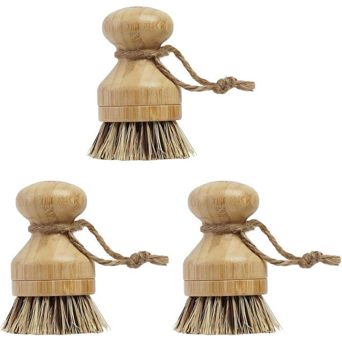Lot de 3 brosses à vaisselle en bambou durable pour nettoyer les casseroles poêles assiettes et couverts Label
