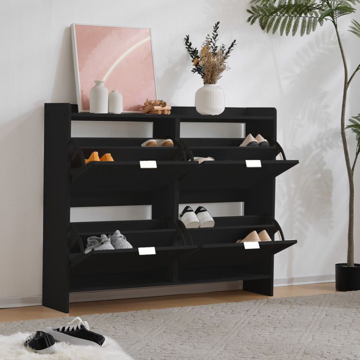 Meuble à chaussures dentrée à 4 portes pliantes avec étagères réglables et poignées en métal - style moderne. 110×24×90cm. noir