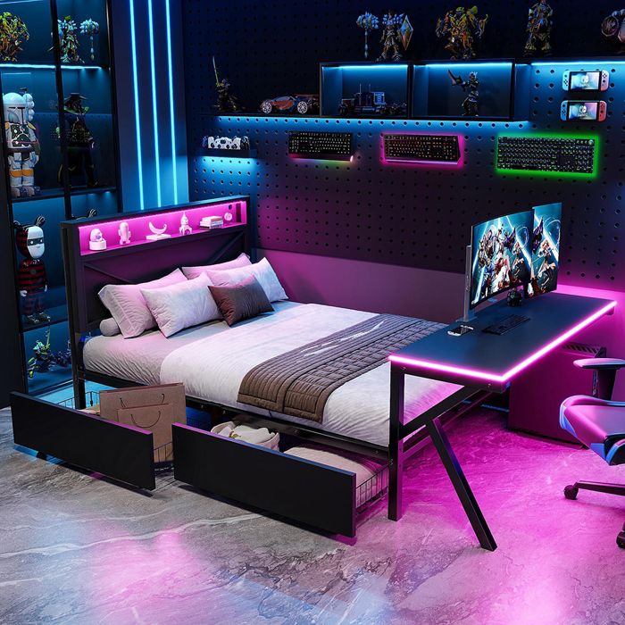 Lit plateforme métal 140x200 cm avec tête de lit LED bureau LED port USB et deux tiroirs noir