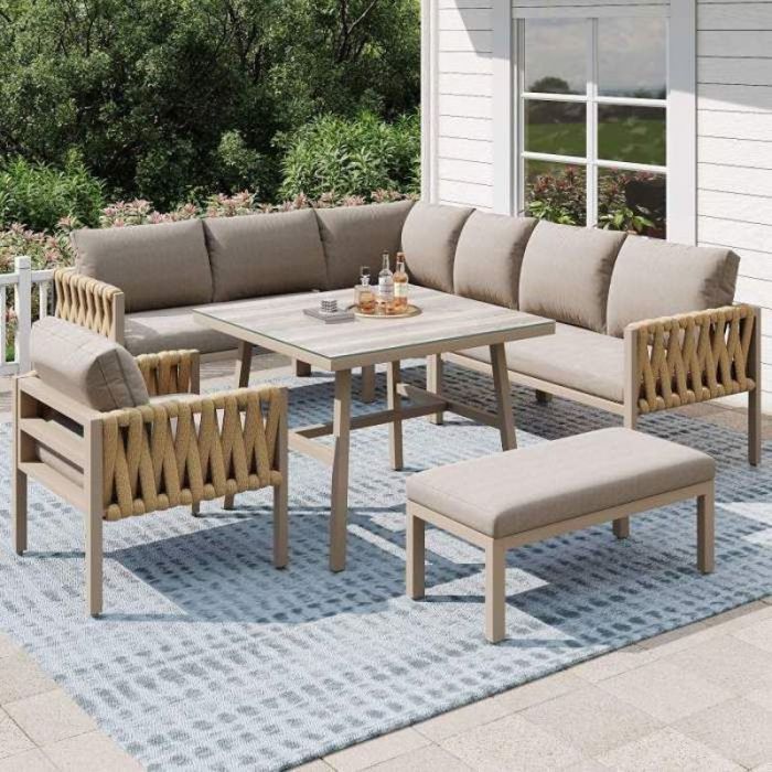 Mobilier de jardin extérieur - Corde&Métal set lounge (canapé dangle+fauteuil+banc+table) - Coussins beige - Fer